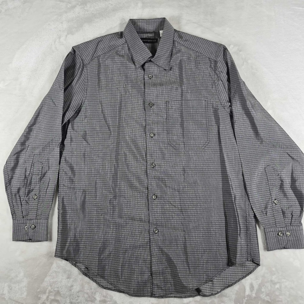 Jhane Barnes Button Up Shirt Men's Large Gray Long Sleeve Check Made In Italy